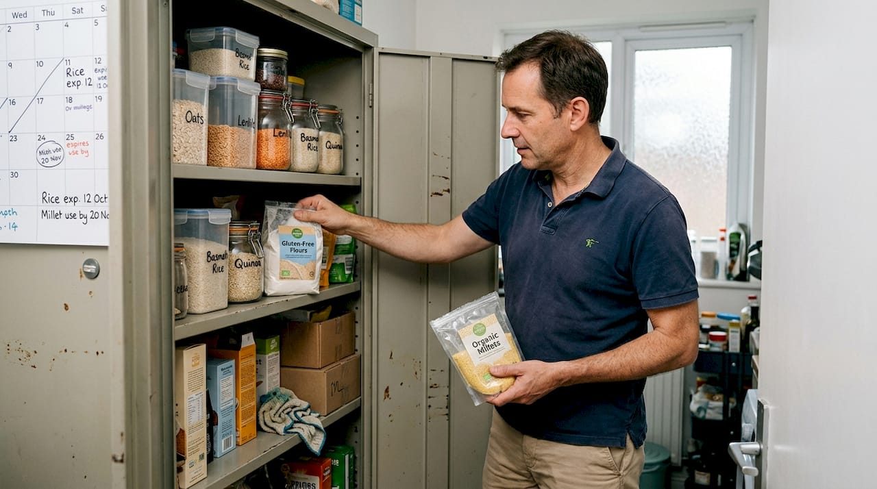 Man organizing gluten free foods in pantry
