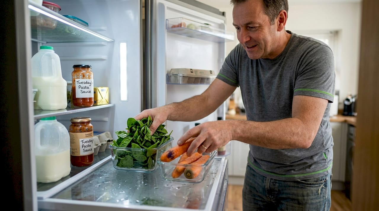 Man storing fresh vegetables in glass containers