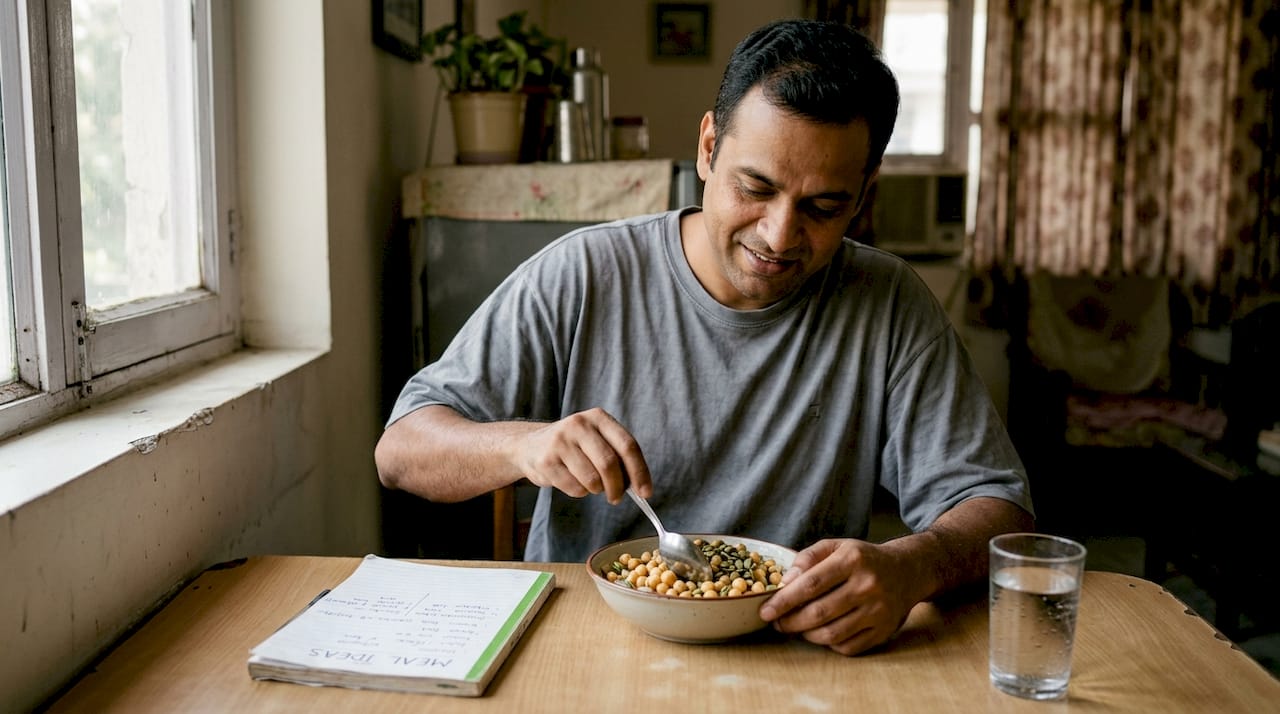 Man mixing legumes and seeds for lunch