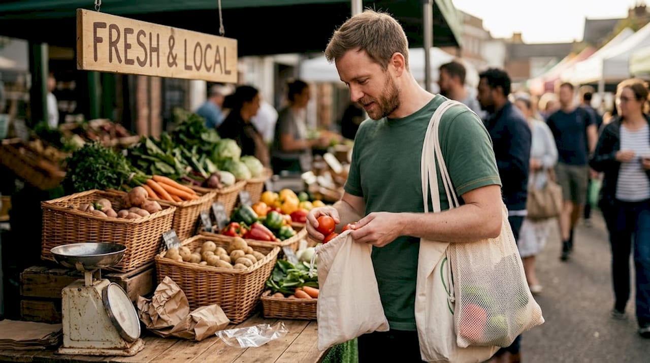 Man using reusable bags at vegetable market