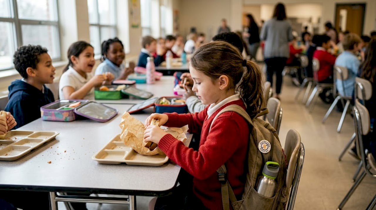 Child with gluten-free lunch in school cafeteria