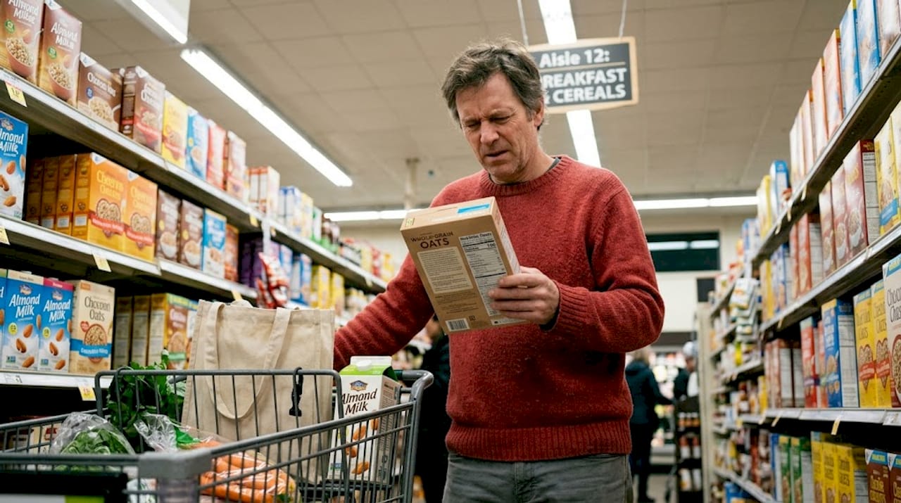 Man checking ingredients on grocery item