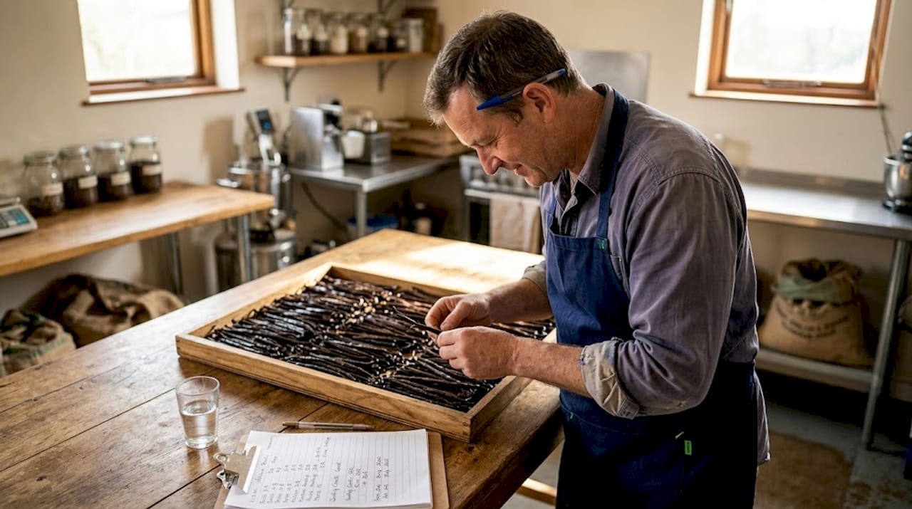 Worker examines vanilla beans on worktable