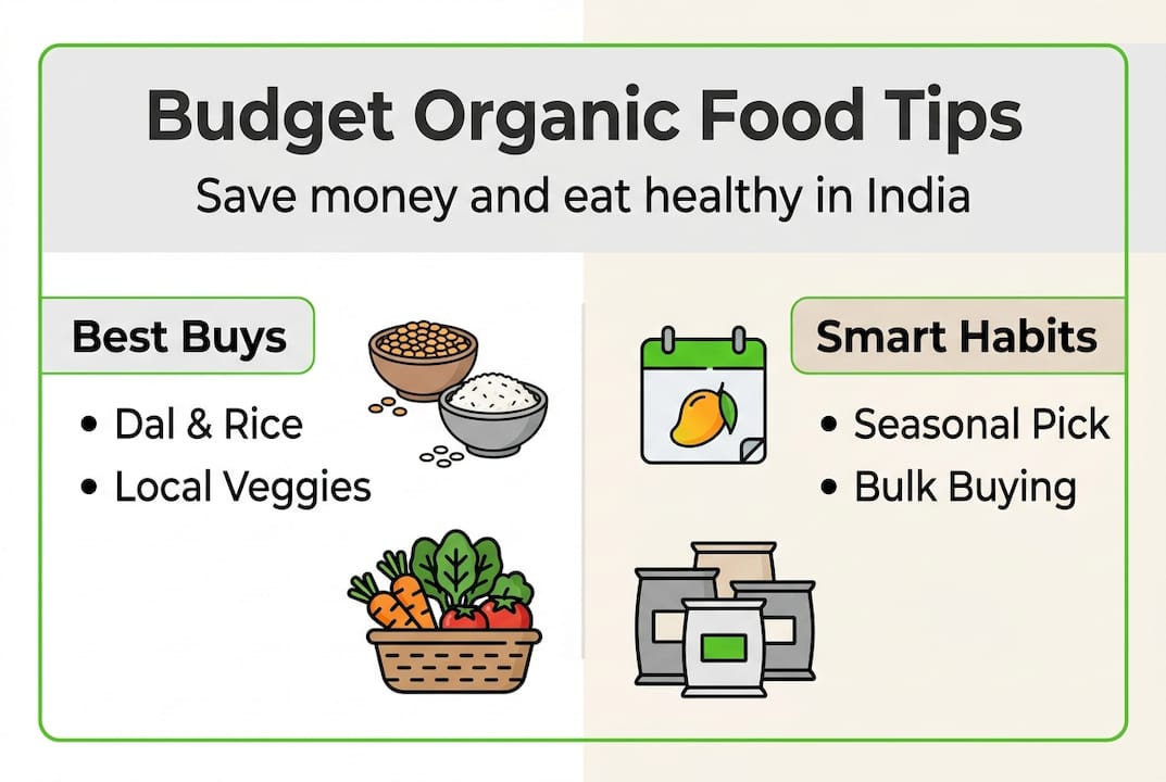 Infographic with budget organic food strategies