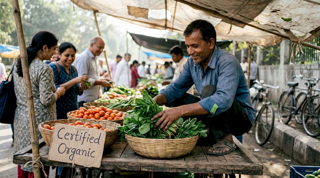 Vendor with seasonal organic vegetables at market