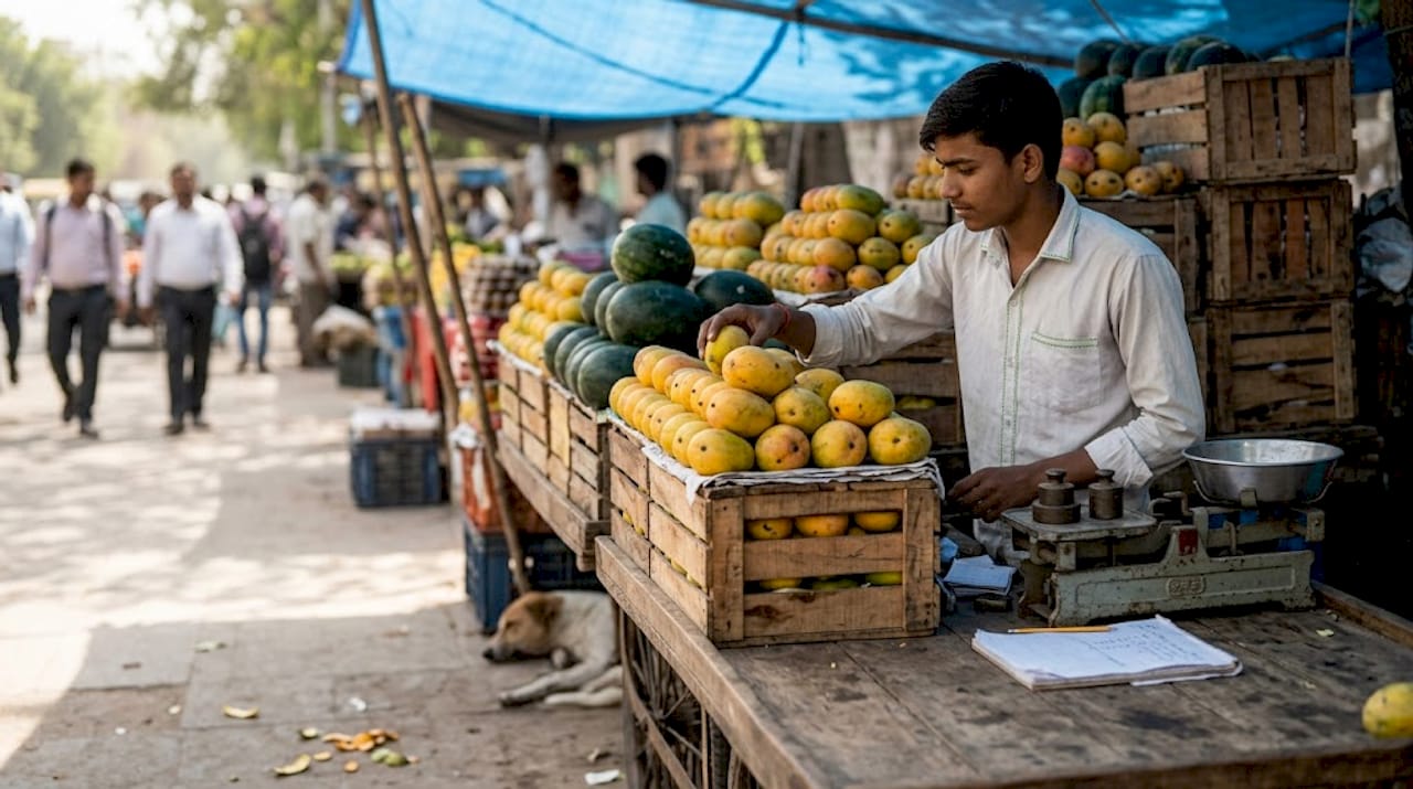 Vendor arranging summer fruit at roadside stall