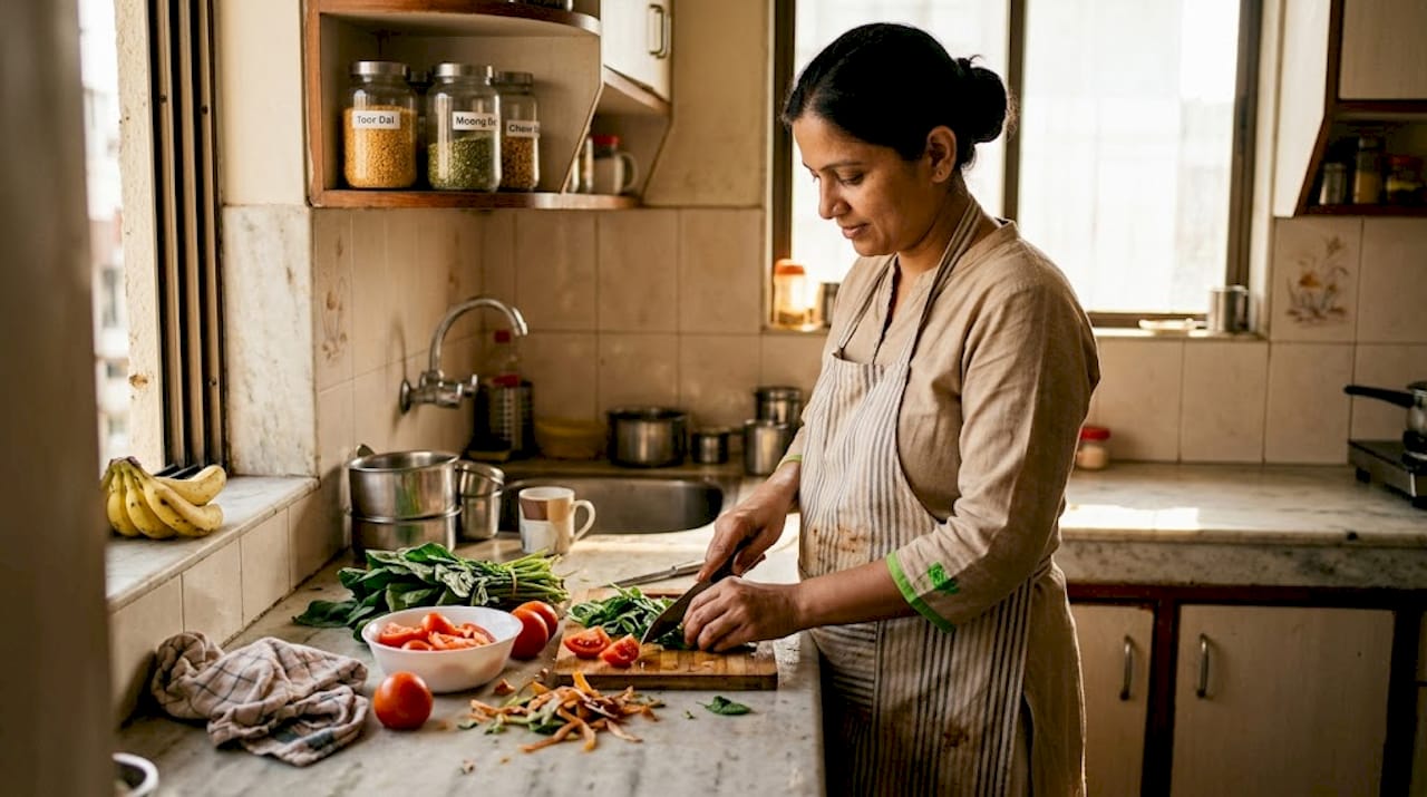 Woman preparing organic vegetables in Indian kitchen
