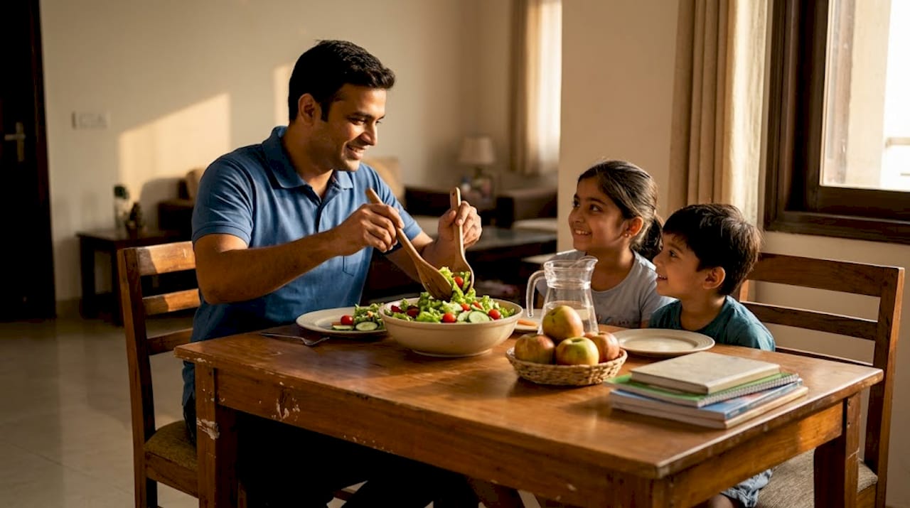 Family shares fresh food at Delhi table