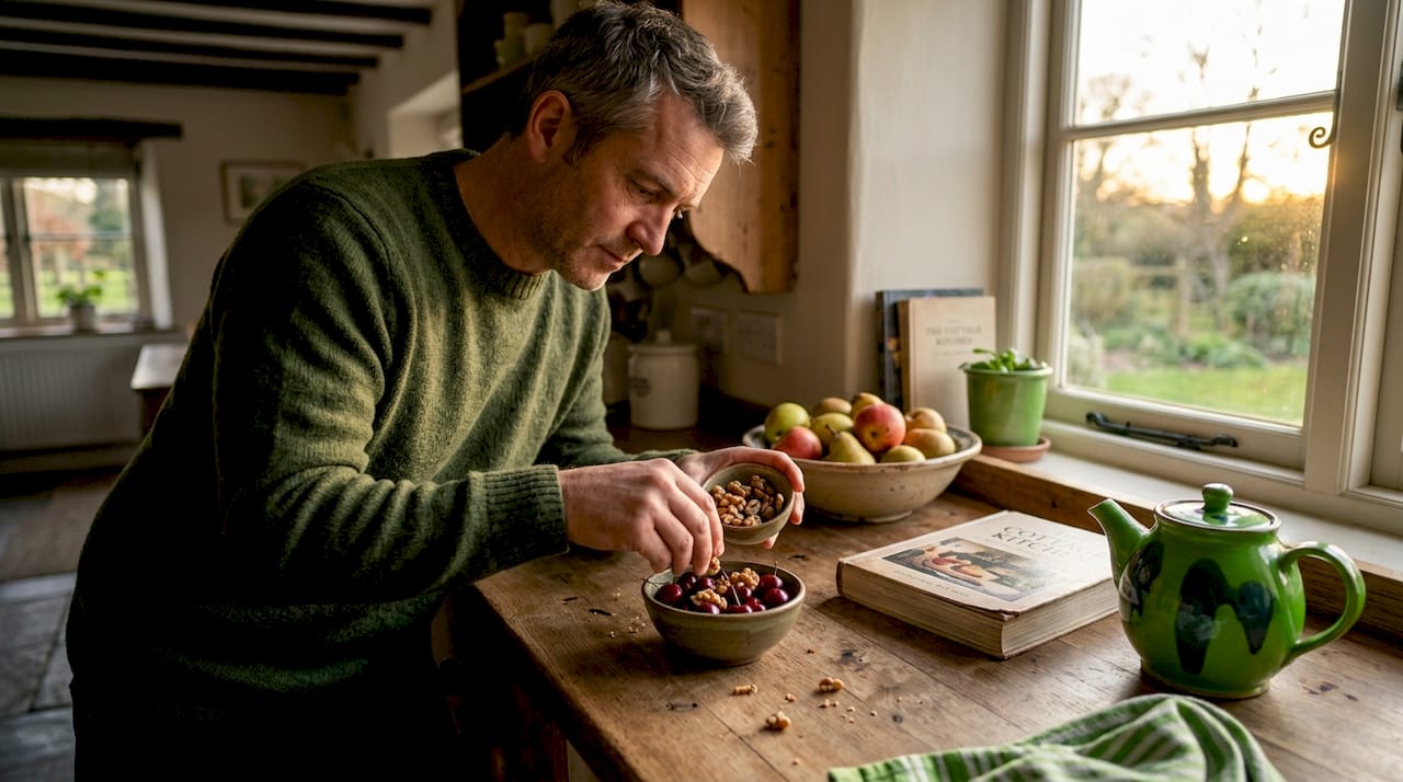 Man preparing light evening snacks in kitchen