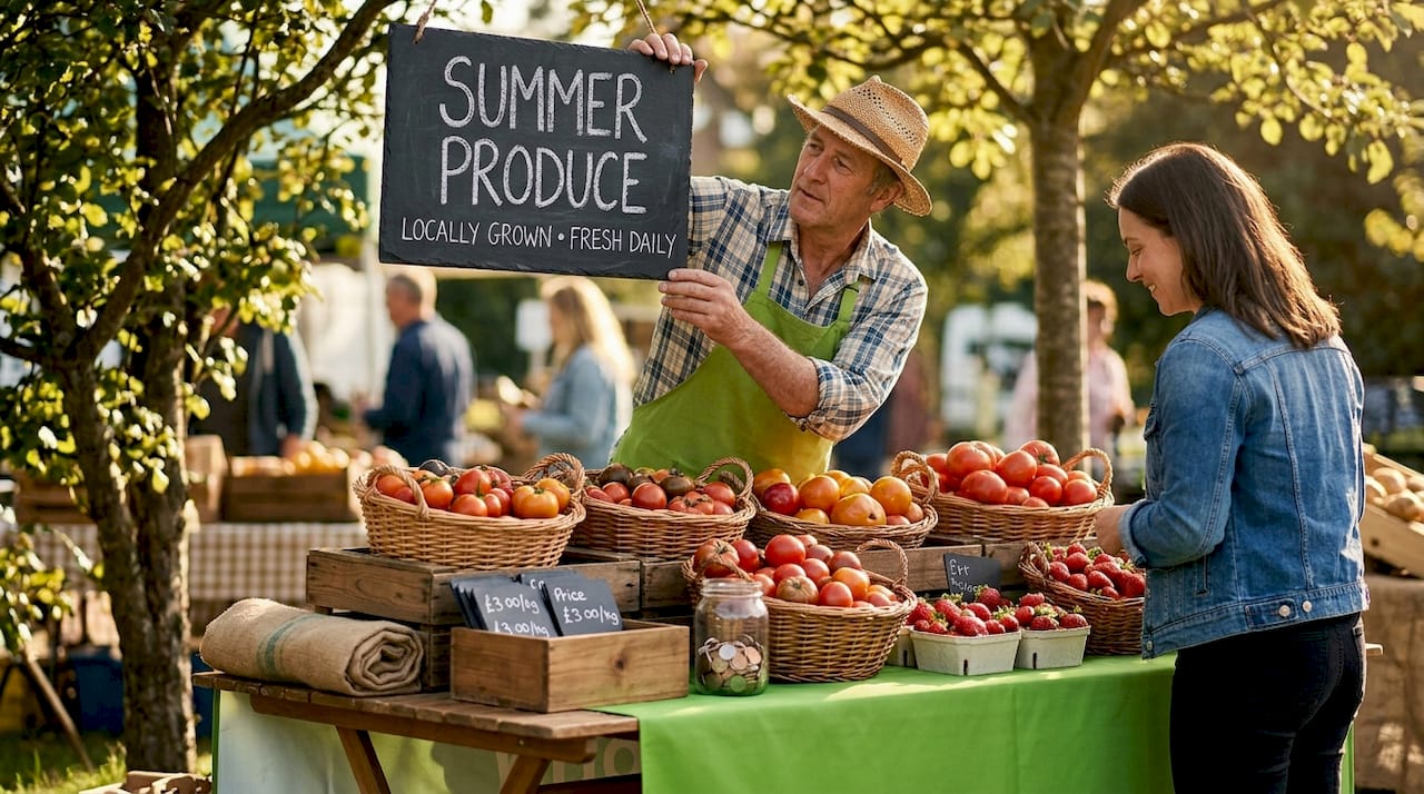 Farmer arranging tomatoes and strawberries at market stall