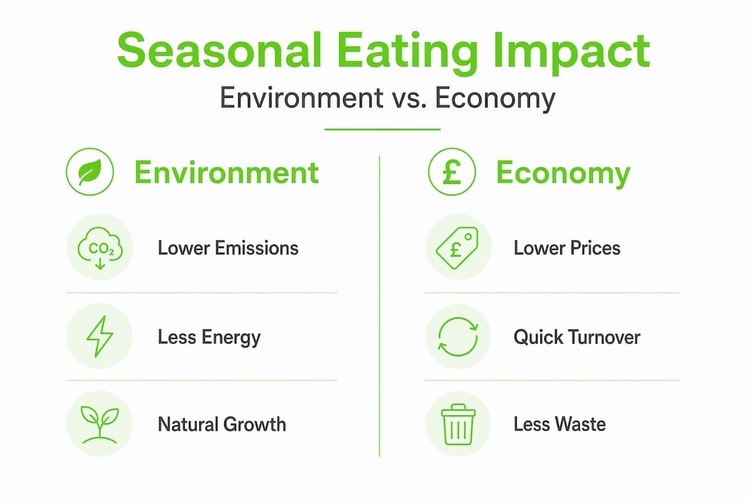 Infographic comparing environment and economy for seasonal eating
