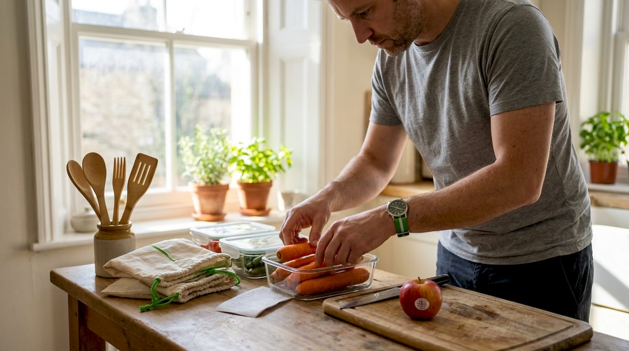 Man organizing reusable kitchen products