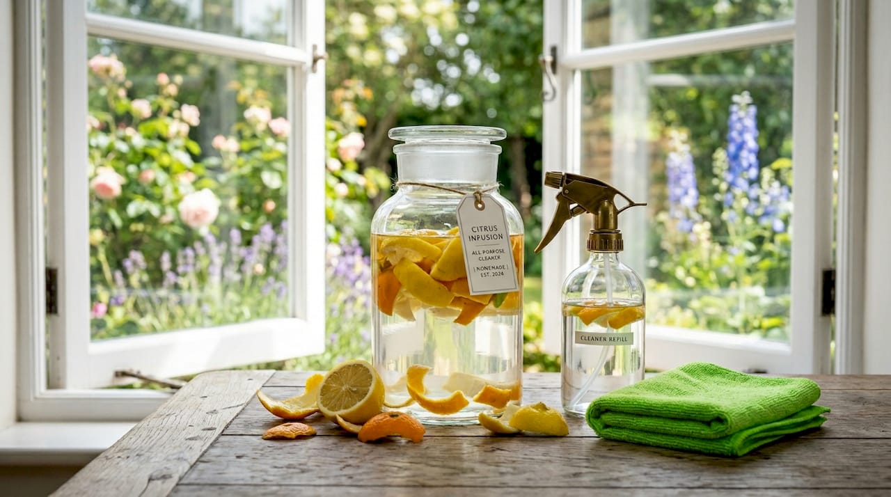 Jar of vinegar and citrus peels on windowsill