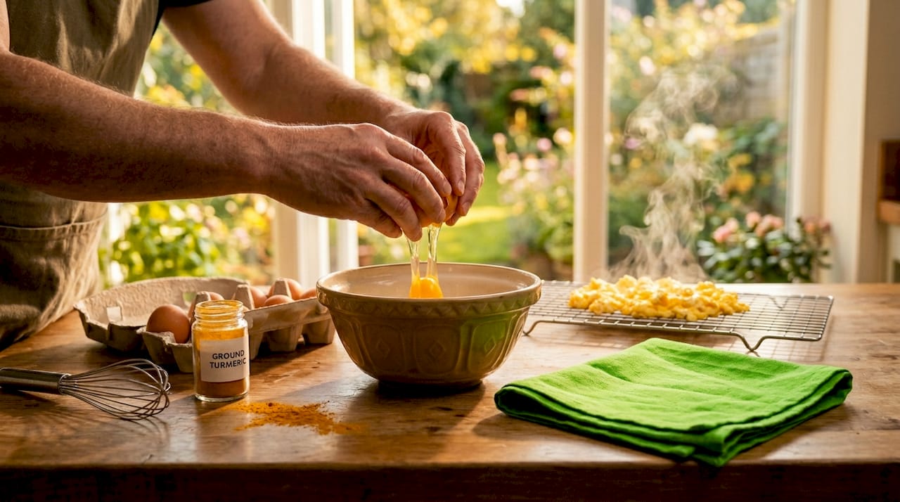Hands preparing turmeric scrambled eggs