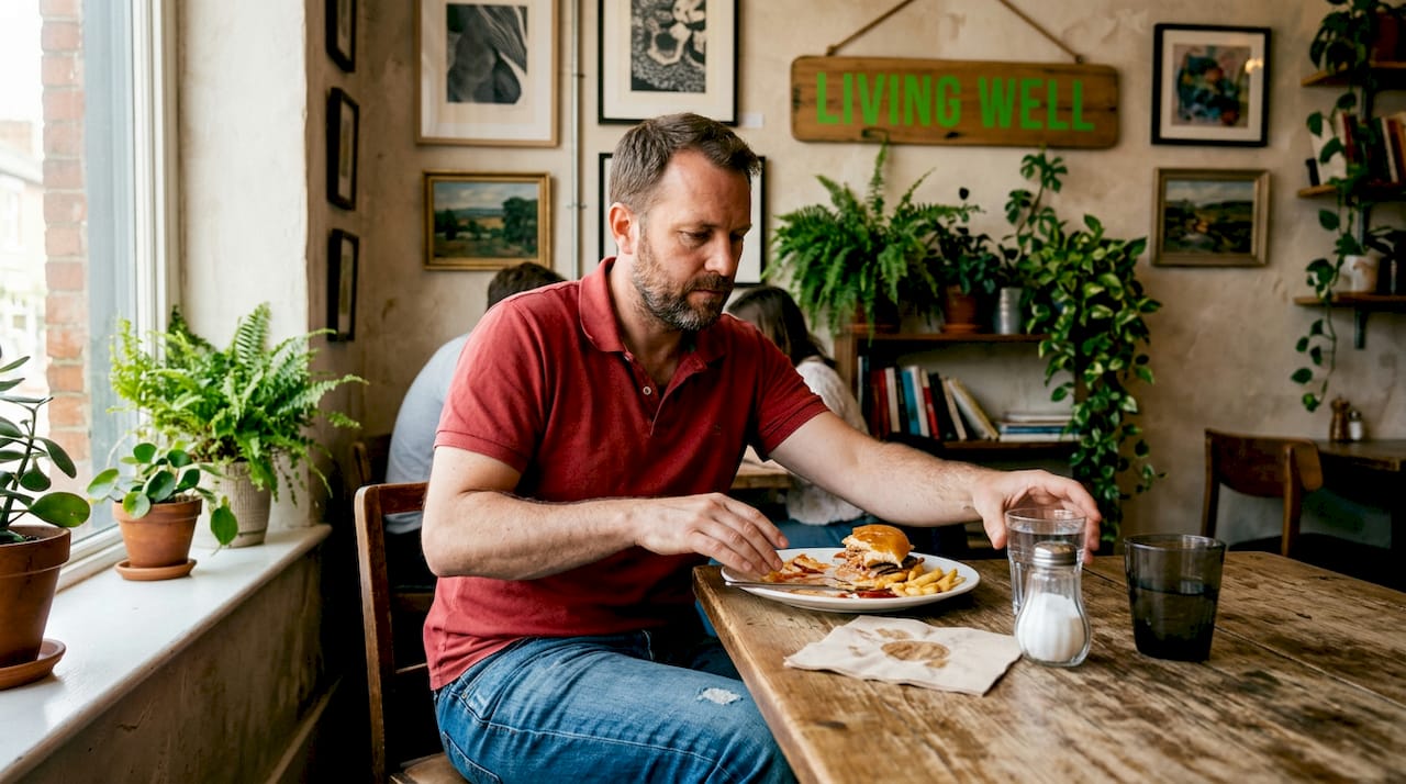 Man choosing water over unhealthy processed food