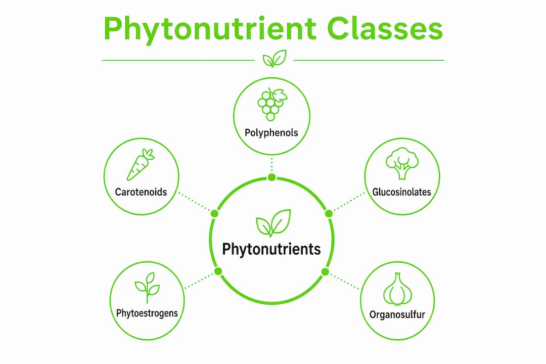 Infographic illustrating five classes of phytonutrients