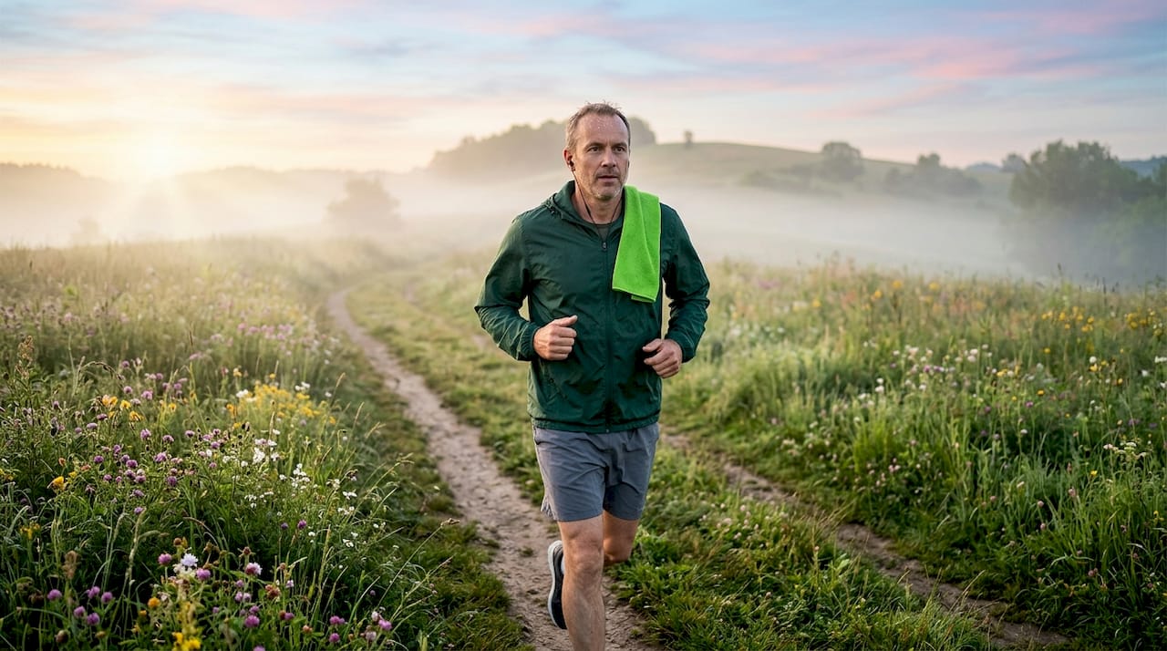 Man jogging on park path at morning