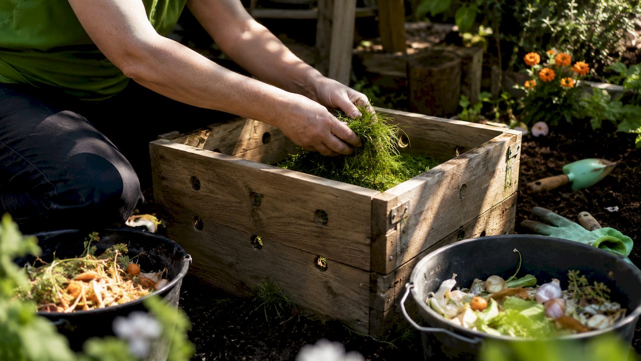 Hands assembling home compost bin outdoors