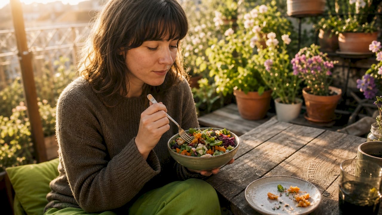 Close-up of hands slowly eating mindful meal at table