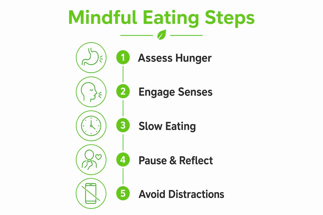 Infographic showing five mindful eating practical steps