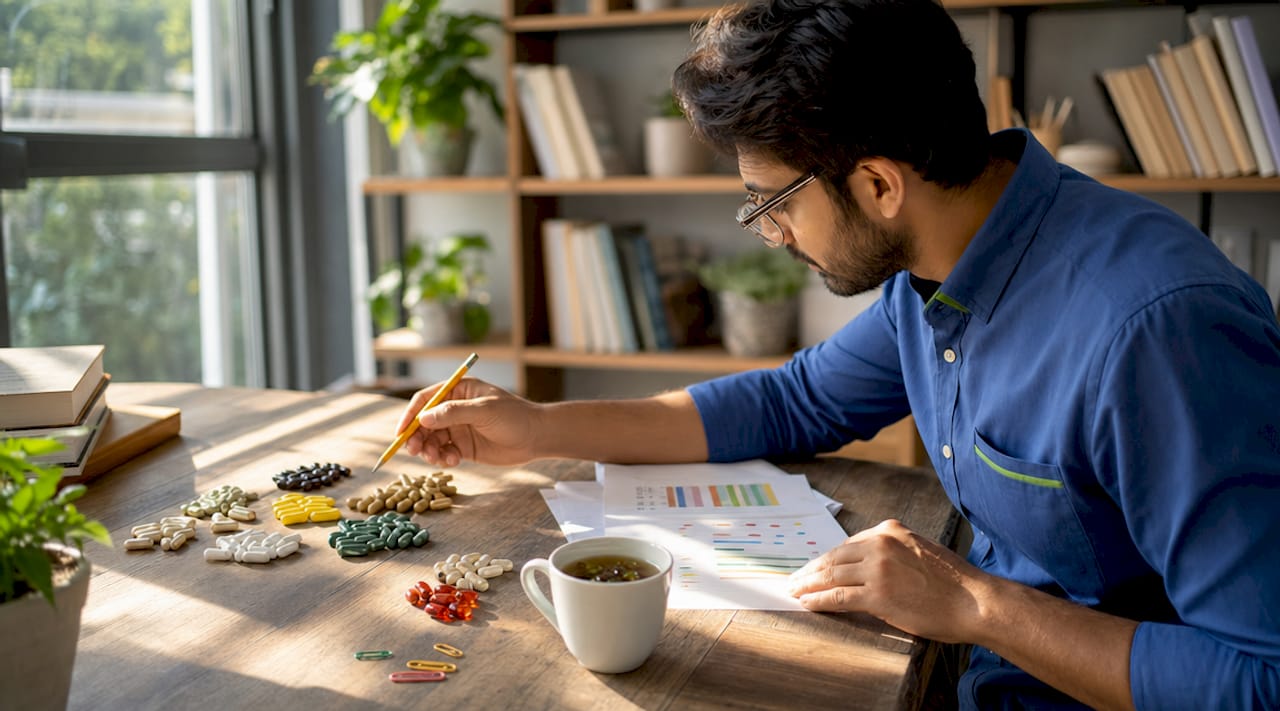 Nutritionist's hands with vitamin supplements and charts