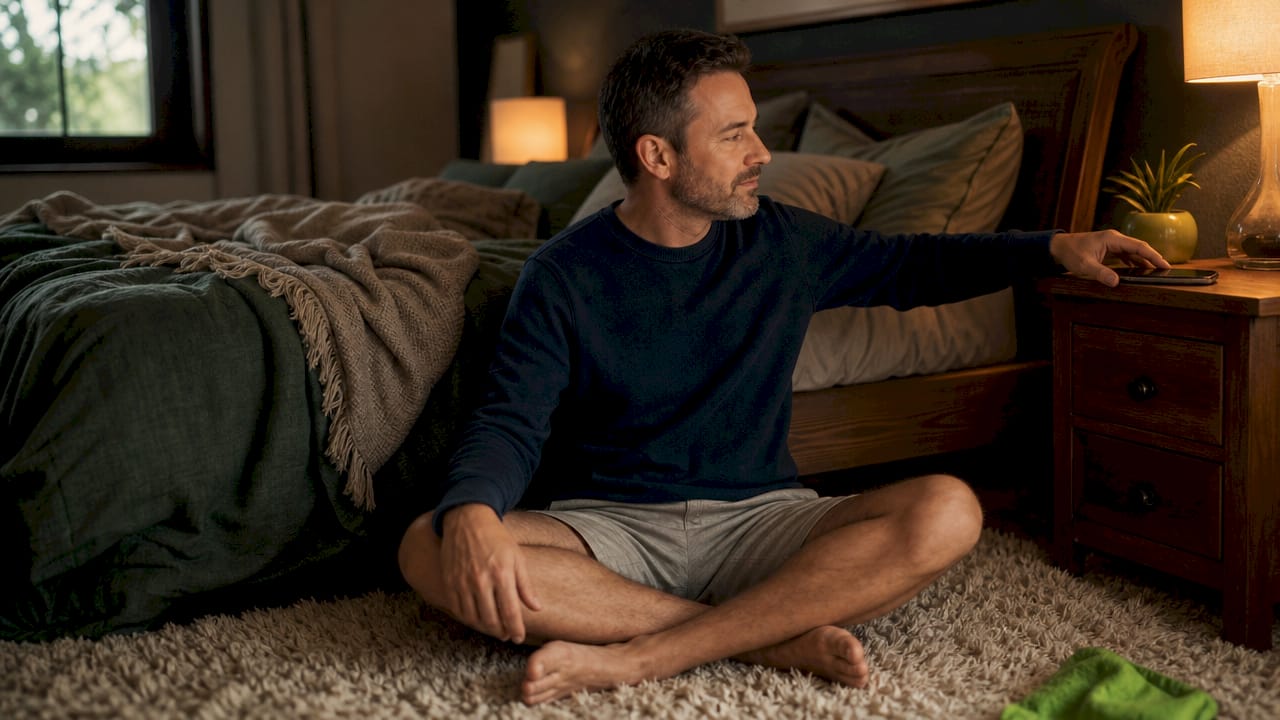 Man placing phone away in phone-free bedroom