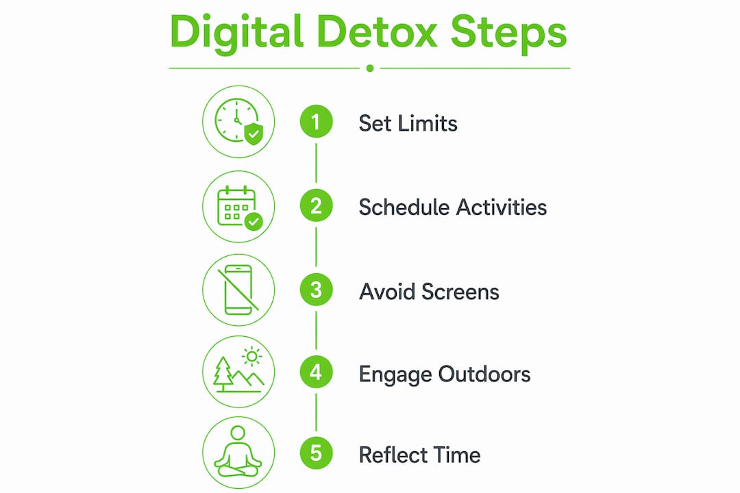 Infographic showing digital detox steps for wellbeing