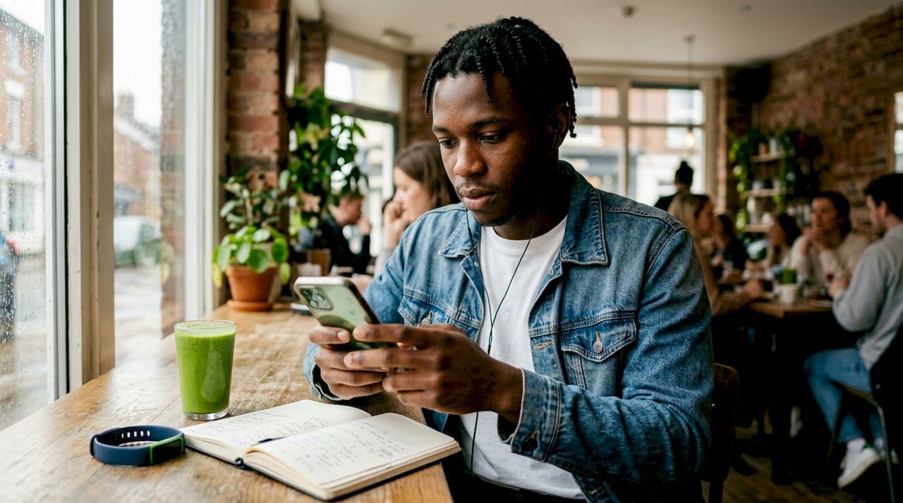 Man using health app on smartphone indoors