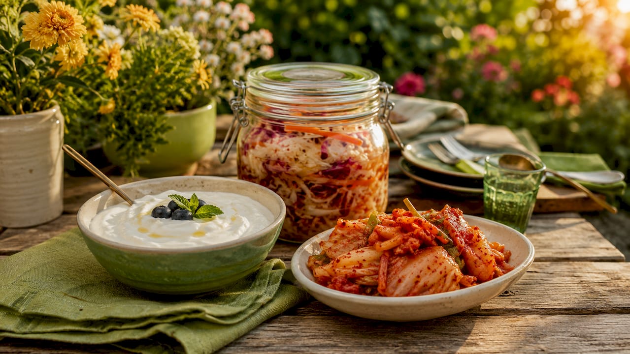 Various probiotic fermented foods displayed on table