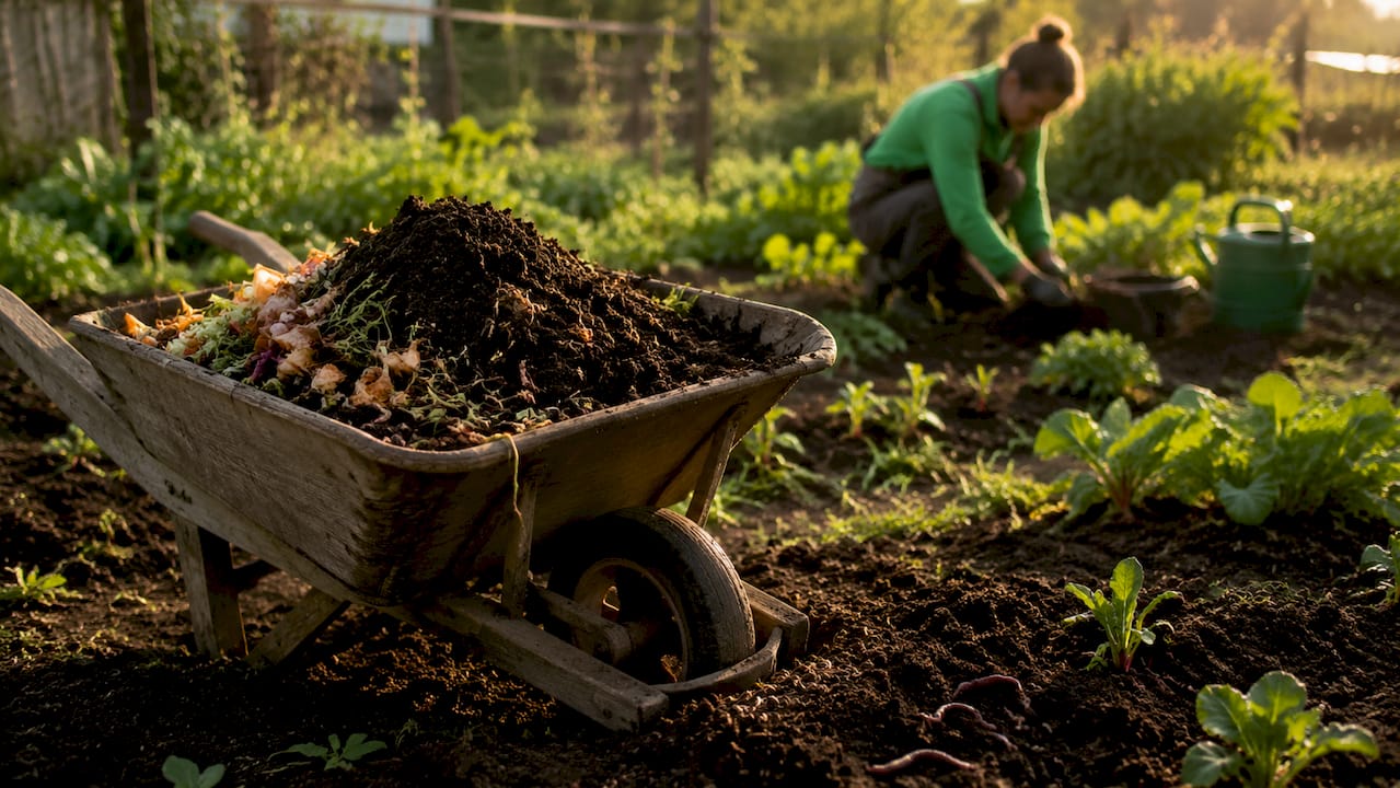 Close-up of rich soil mixed with compost and earthworms