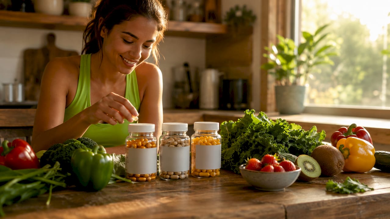 Glass jars with vitamins and fresh produce
