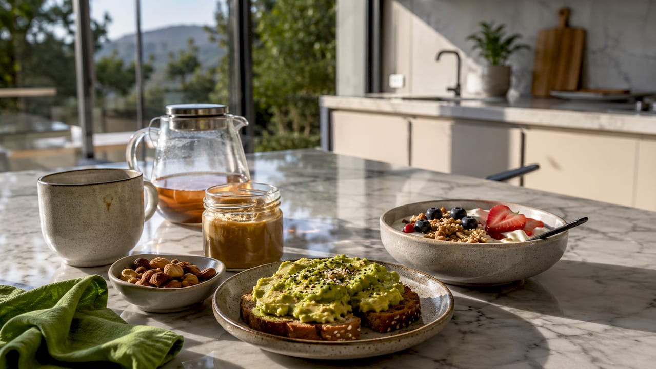 Assorted nutritious breakfast ingredients on wooden table