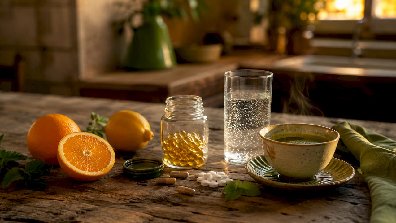 Immunity foods and supplements on wooden table