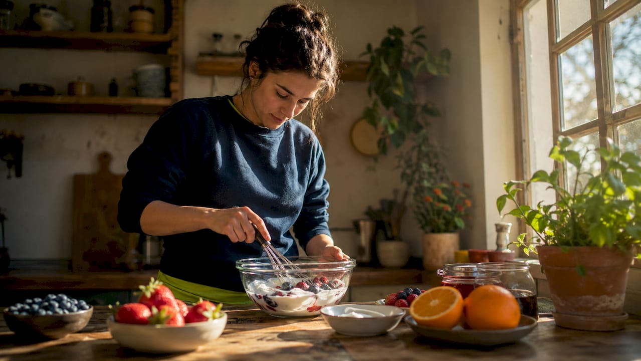 Woman mixing protein snack ingredients in kitchen