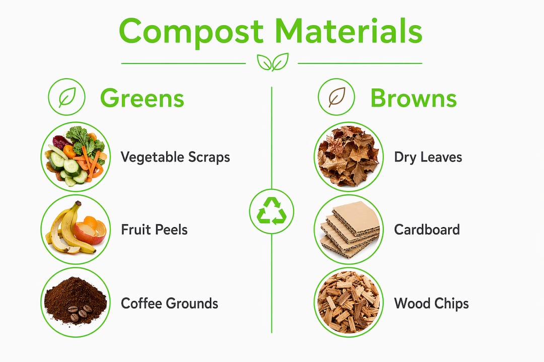 Infographic comparing compostable greens and browns