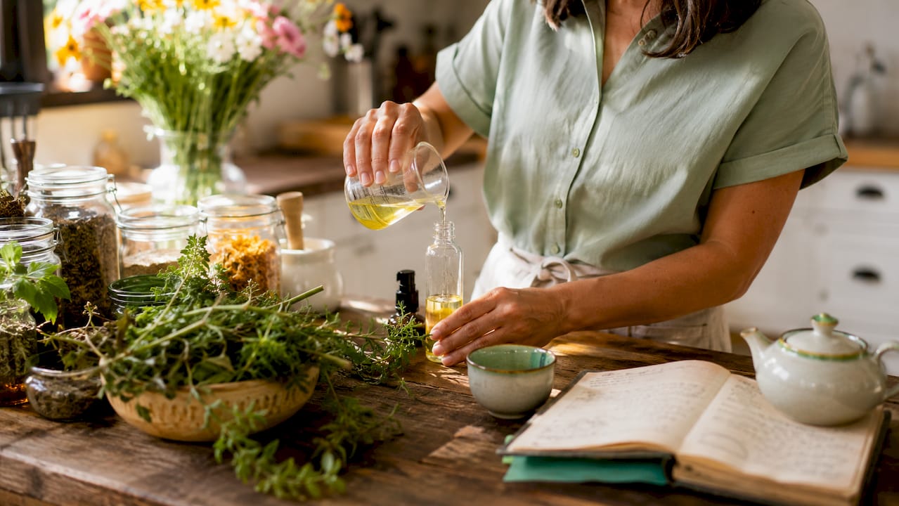 Hands mixing an all-purpose cleaning spray bottle