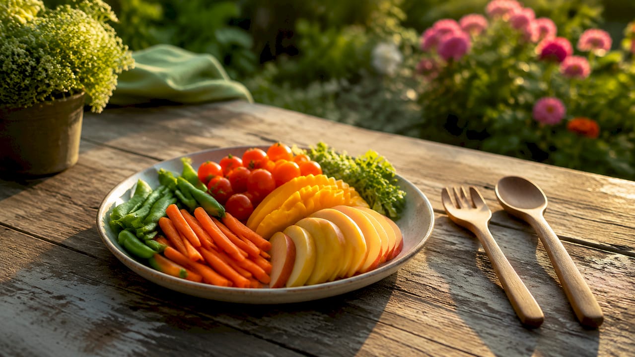 Overhead view of fruits and vegetables on plate