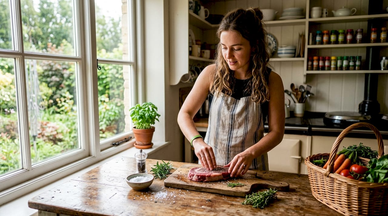 Home chef seasoning grass fed steak on cutting board