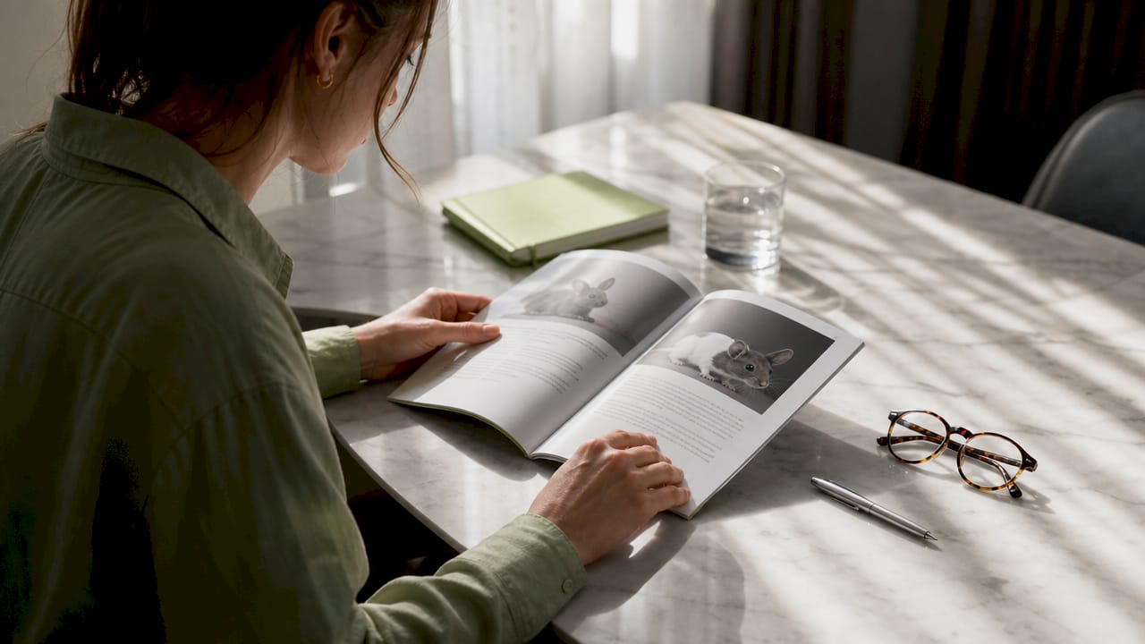 Close-up of hands reviewing animal testing policy booklet