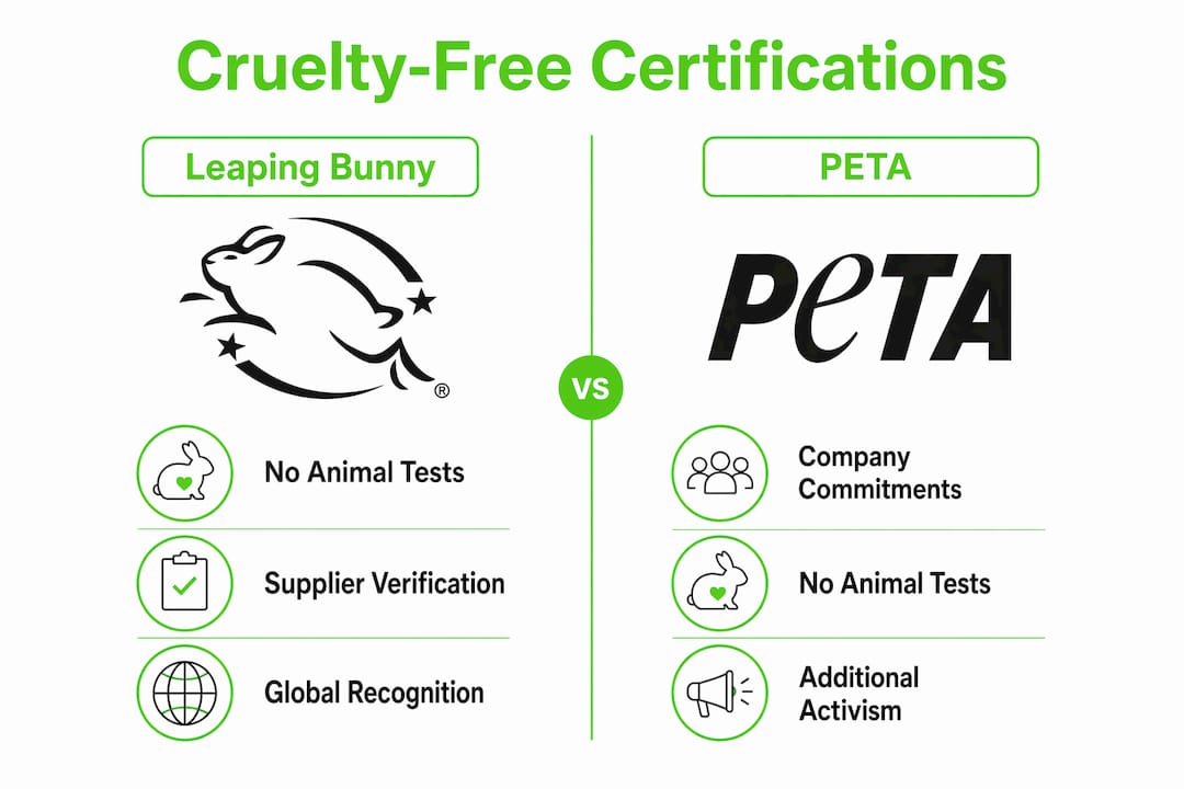Infographic comparing Leaping Bunny and PETA cruelty-free certifications