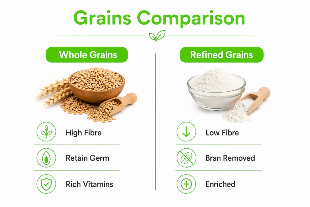 Infographic comparing whole grains and refined grains
