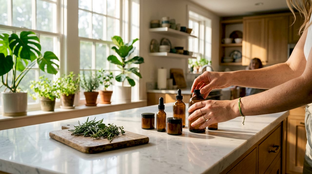 Hands holding cruelty-free cosmetics on table