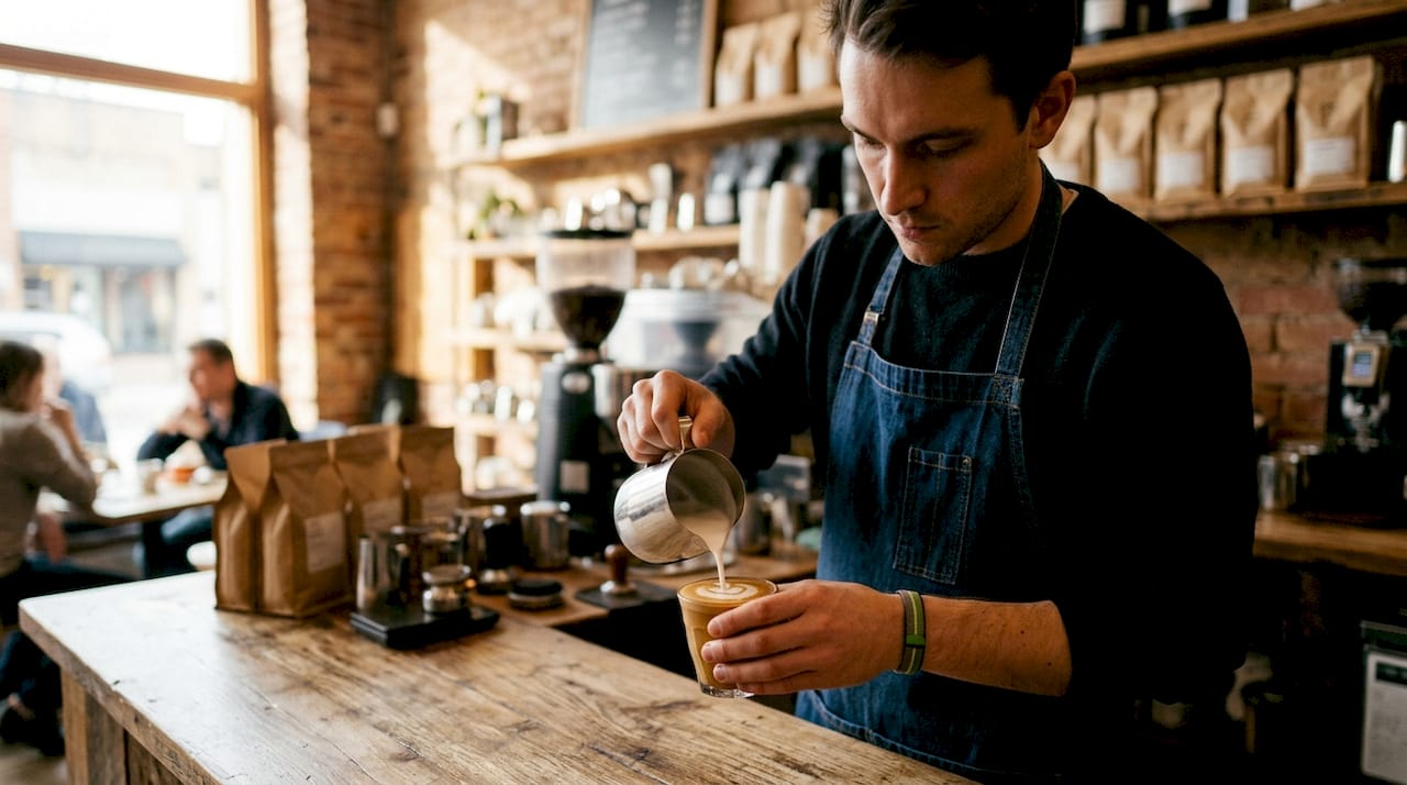 Close-up of frothy oat milk microfoam and espresso