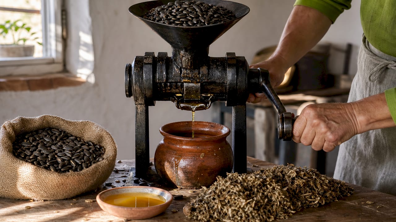 Manual cold pressing of seeds to extract oil