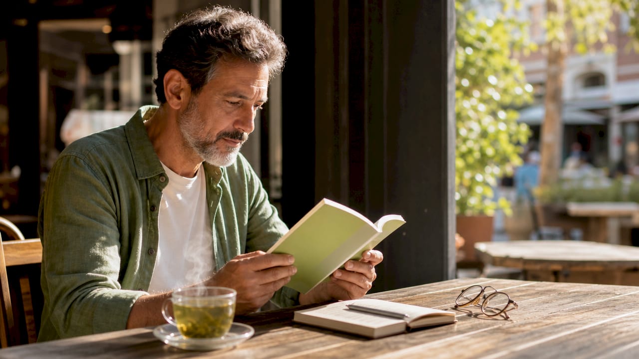 Man reviewing mindful eating benefits booklet