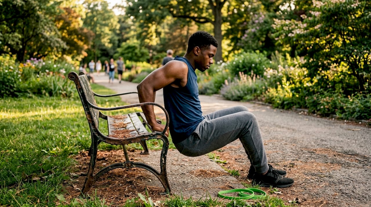 Man doing tricep dips on outdoor bench