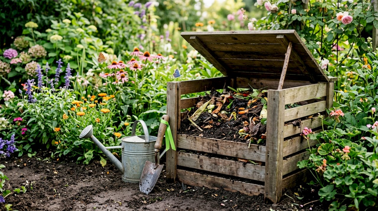 Compost bin placed on soil in garden