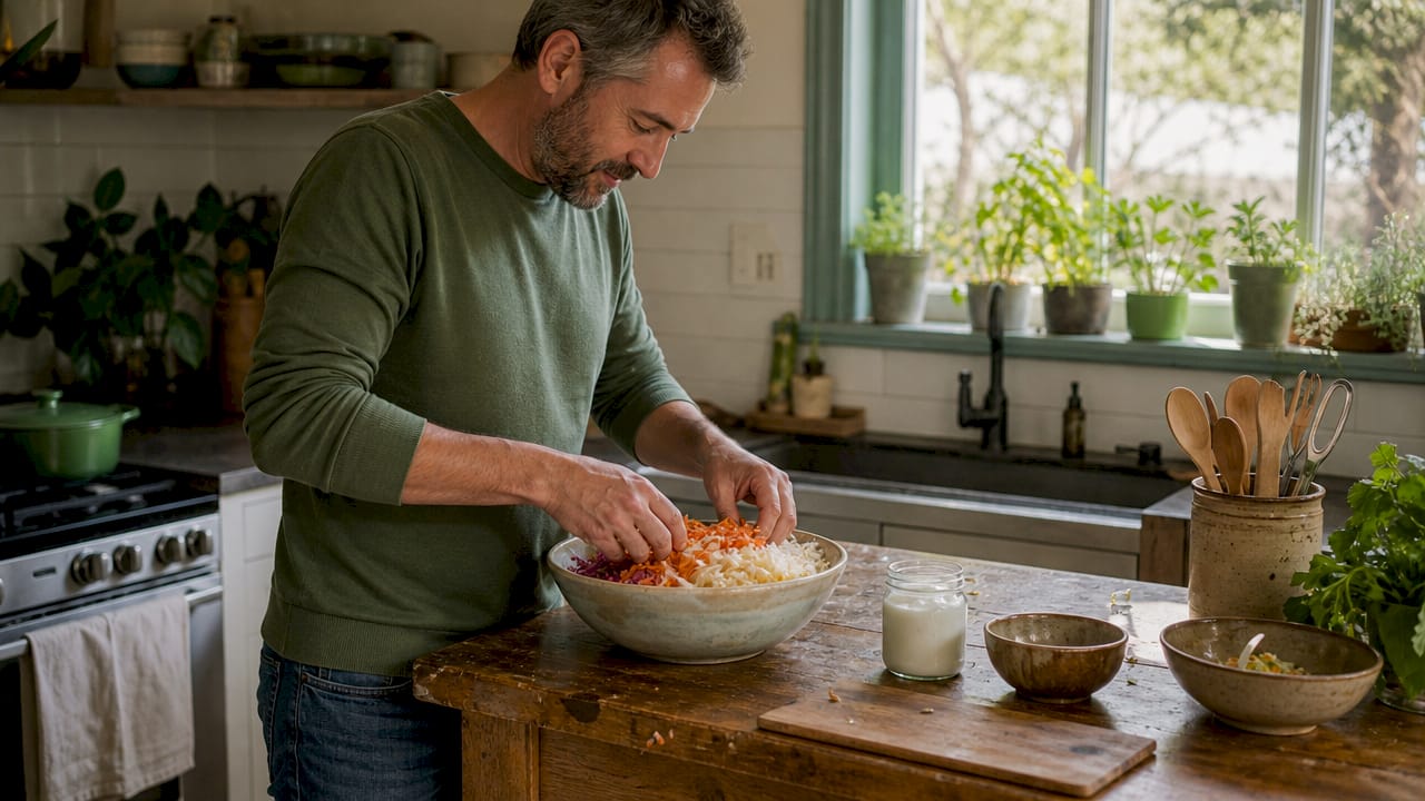 Man preparing probiotic fermented vegetables at home