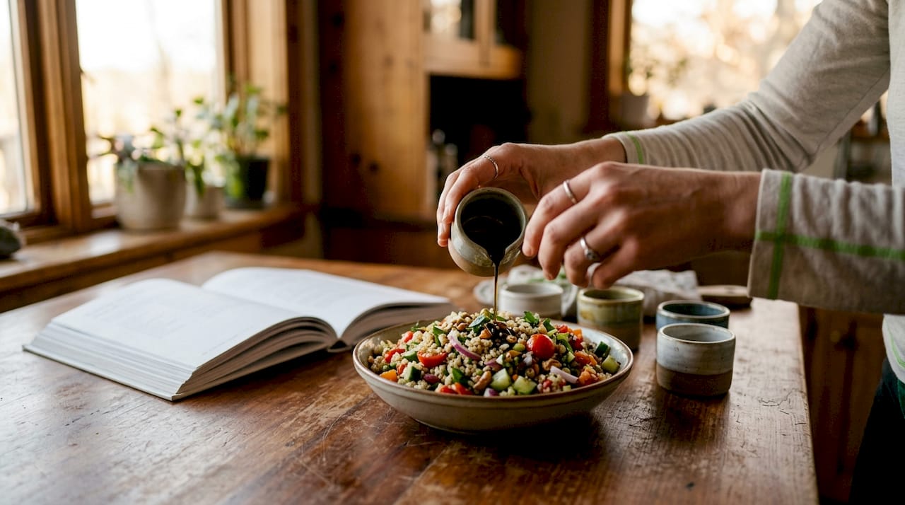 Hands drizzling cold pressed sesame oil on salad in kitchen