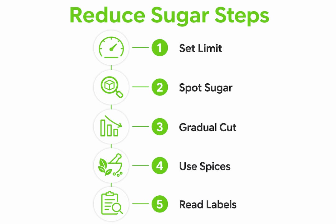 Infographic showing practical steps to reduce sugar intake